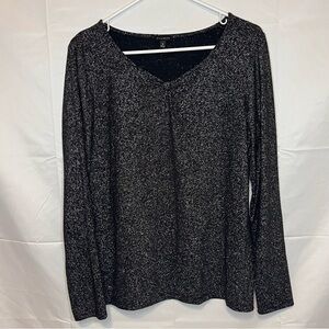 Talbots, Long Sleeve Black and Sliver, V-Neck, Long Sleeve, Blouse, Size Medium